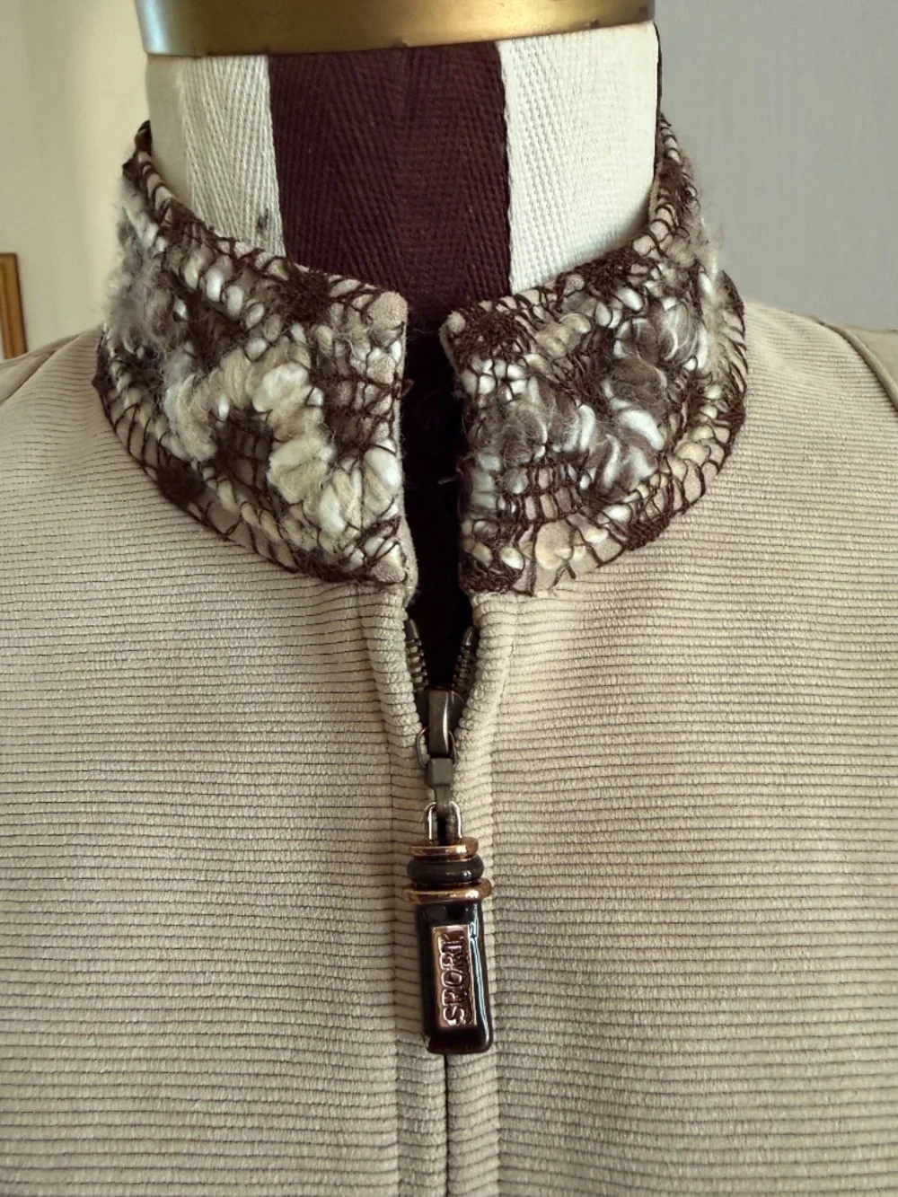 St John Sport By Marie Gray Mixed Media Mock Neck Jacket Tan Size P Quiet Luxury